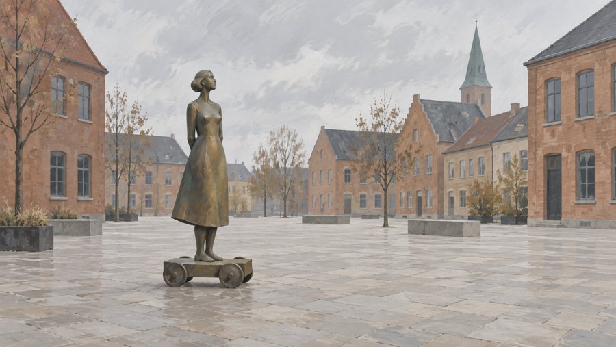 Symbolische KI-Illustration einer abstrakten Figur auf einem kleinen Wagen in einem dänischen Stadtplatz.