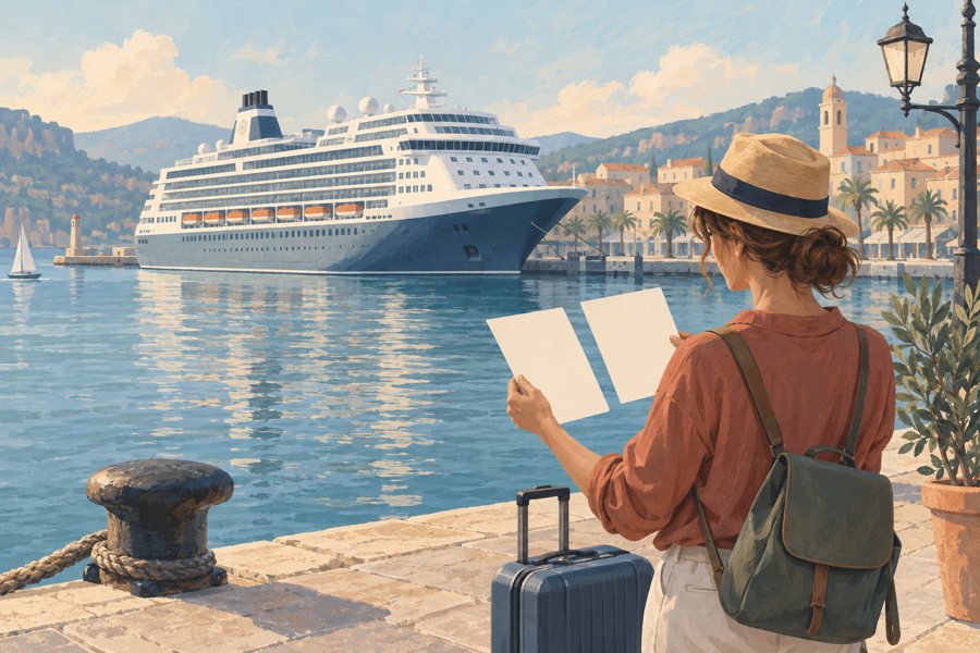 Eine Person vergleicht Reiseunterlagen neben einem Kreuzfahrtschiff im Hafen.