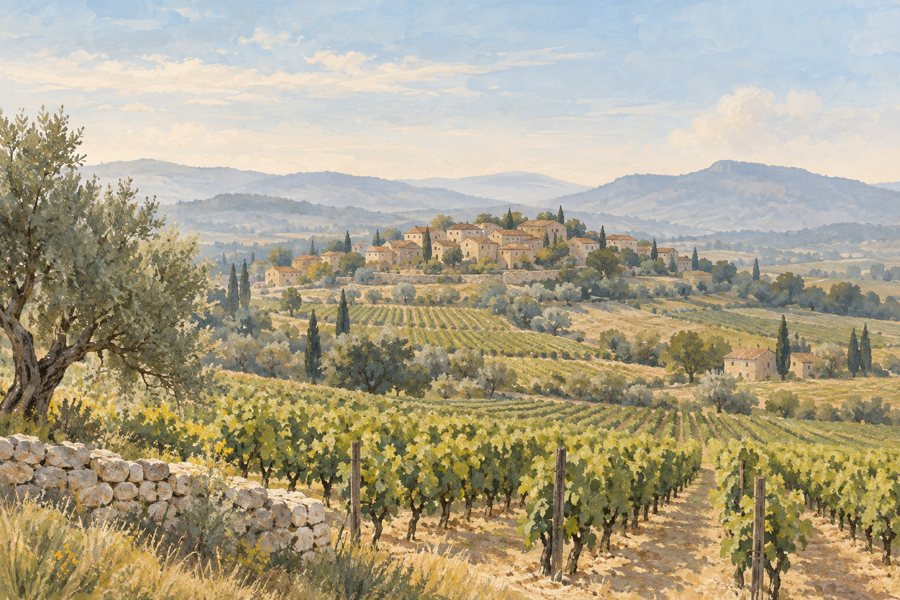 KI-generierte, stilisierte Darstellung eines südfranzösischen Dorfs über Weinbergen; keine dokumentarische Ansicht von Cairanne.