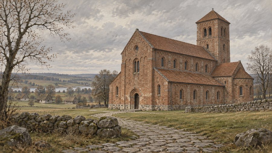 Symbolische KI-Illustration einer romanischen Backsteinkirche in einer dänischen Landschaft.
